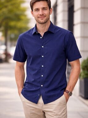 Peter Millar Short Sleeve Button-Down Shirt in Deep Navy